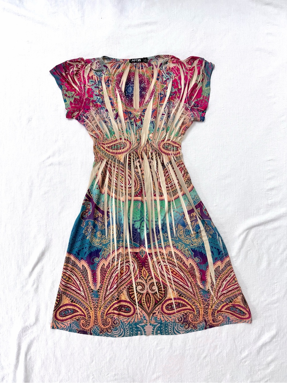 Colorful Boho Paisley V-Neck Knee Dress Sequin Embellished Cutout Style Petite S